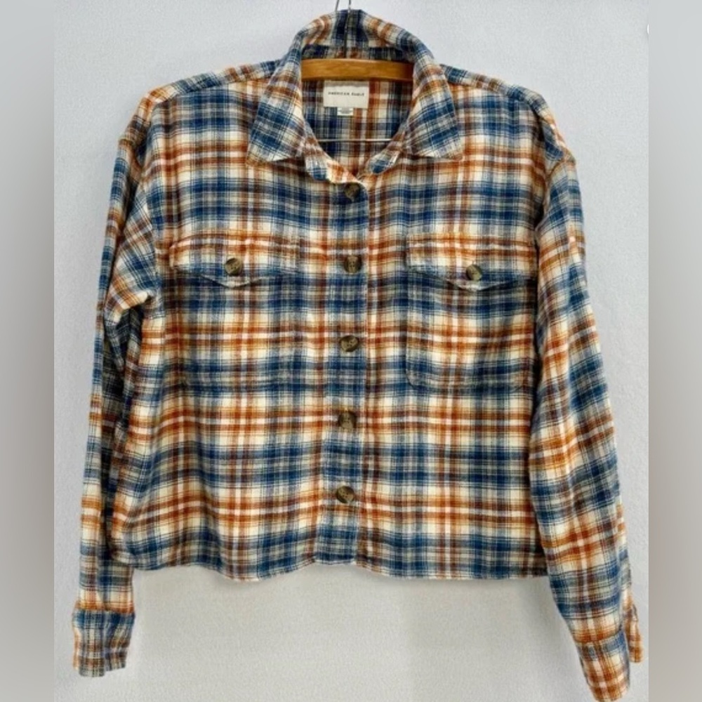 American Eagle Cropped Plaid Flannel Shacket Shirt Small